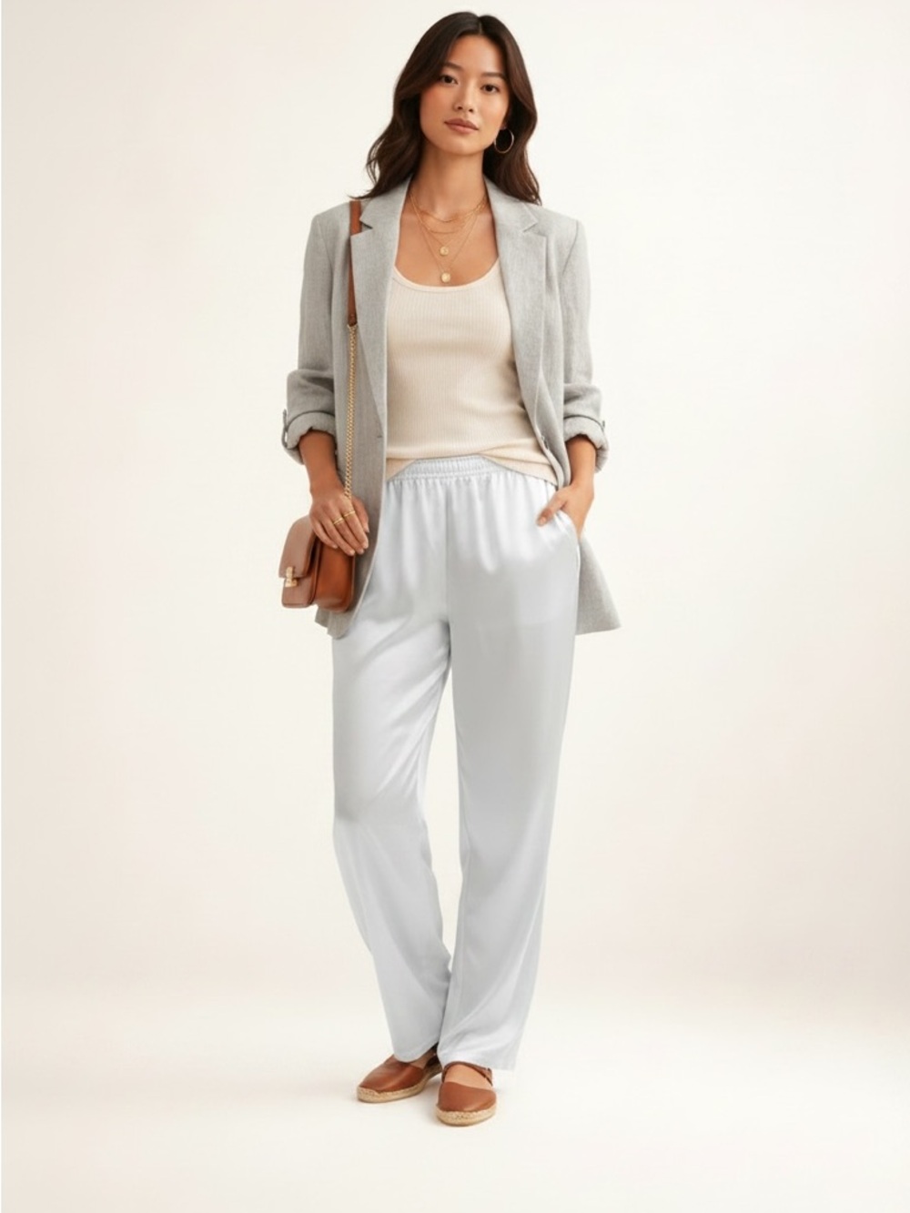 Perlita Vintage Silk Wide Leg Pants Cream High Rise Pull On Elastic L